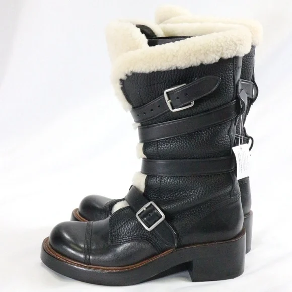 COACH Moto Shearling Pebbled Leather Buckle Boots NEW Sz 5 US Wmn - Picture 6 of 8